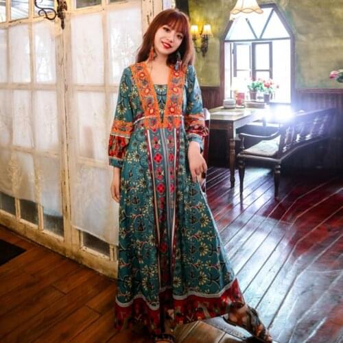 Boho tourist holiday beach dress Nepal retro print long style dress south Korean web celebrity fashion temperament thin dress