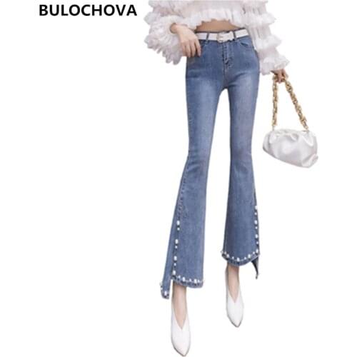 Drop Shipping Retro Beading Split Jean for Women High Waist Large Size Jeans Mujer Mom Cowboy Denim Skinny Flare Pants With Belt