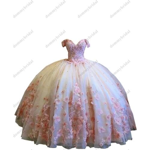 Romantic 3D Floral Flowers Champagne Tulle Blush Lace Ball Gown Dresses 15 Years 2021 Prom Qinceanera Sweet 16 Dress with Straps