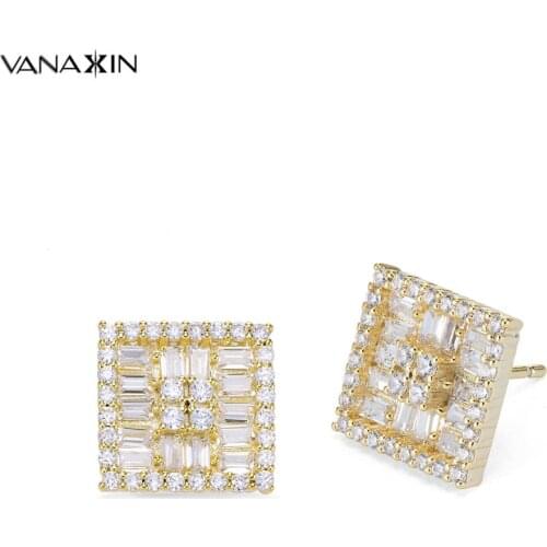 VANAXIN Fashion Women AAA Cubic Zircon Earrings Micro Setting CZ Stones Stud Earrings Girl Gift Bling Iced Out Earring Hip Hop
