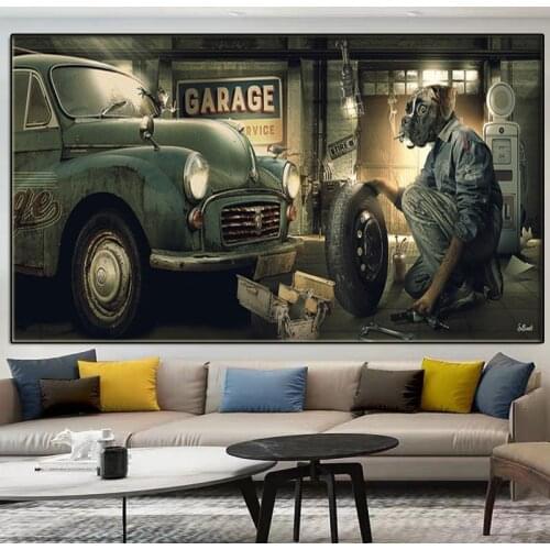 Vintage Cool Bulldog Repair Car Canvas Painting Modern Popular Animal Wall Art Poster and Print Interior Home Decoration Mural