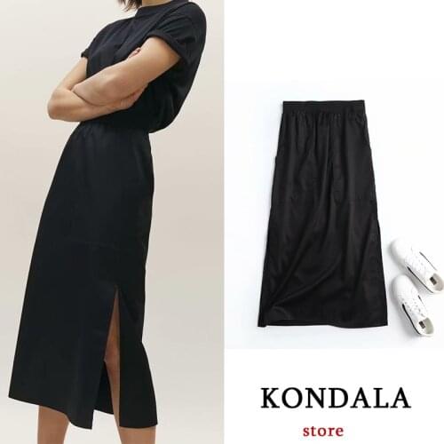 KONDALA Za Women Za Black Skirts Summer Streetwear Solid Elastic Waist High Waist Chic Vintage Skirts Female Casual Faldas Mujer