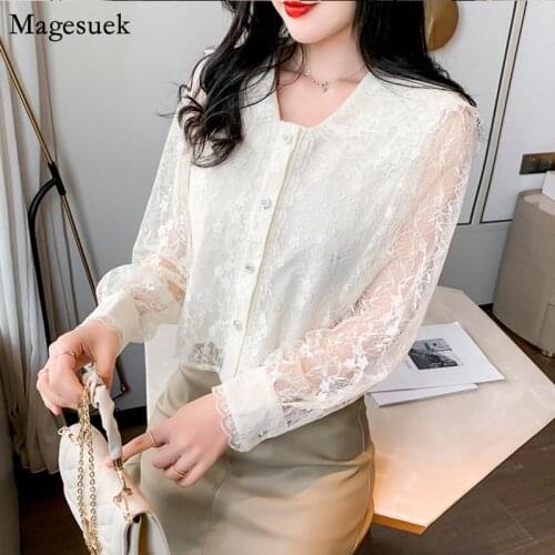 Long Sleeve Mesh Lace Blouses For Women Embroidery Vintage Button Female Shirts Fashion V-neck Casual Blouse Tops 2021 New 13212