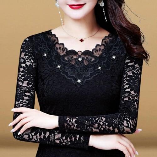 Womens Spring Autumn Style Lace Blouses Shirt Womens Elegant Diamonds Solid Color Embroidery Long Sleeve Korean Tops SP8689