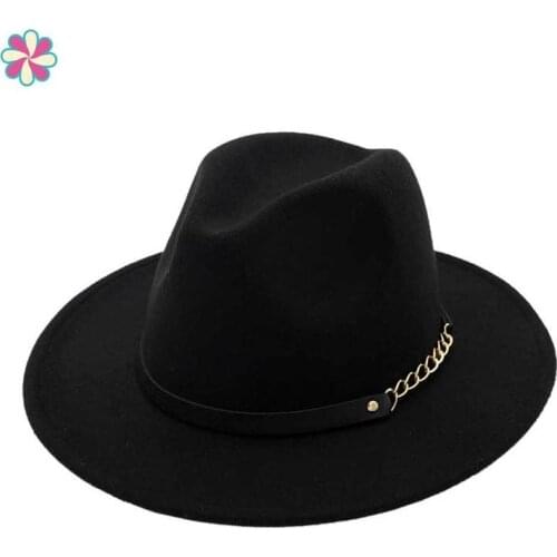Women Vintage Trilby Caps Wool Fedora Warm Jazz Hat Woolen Felt Hat Men Fedora Hats with Chain Chapeau Femme Feutre Panaman Hat