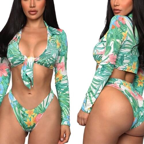 Two Piece Leaf Print Swimwear Women Bikini Set Sexy Deep V Neck Lace-up Floral Long Sleeve Crop Top Bikini Panties Beachwear