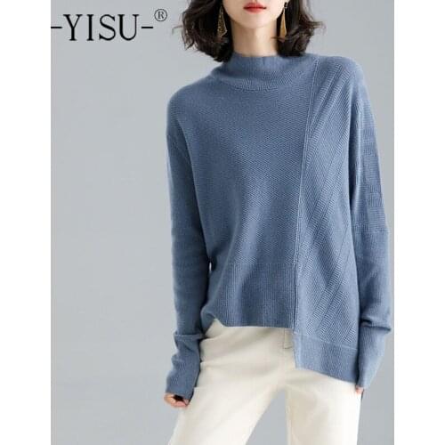 YISU Women Sweater Winter Warm Jumper Long sleeve Half turtleneck Casual Tops Loose Solid color Wool Female Knitted pullover