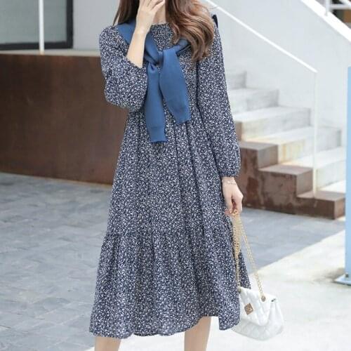 Vestidos Mujer 2021 Spring Womens New Waist Slimming Long Dress Spring Autumn Floral Long-Sleeve Chiffon Dresses Women E487