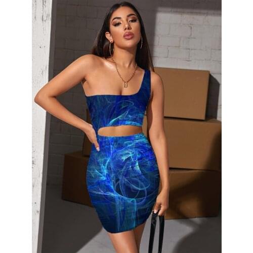 Giyu Brand Abstract Dress Women Psychedelic Halter Sleeveless Dark Blue Pleating Smoke Cloud 3d Print Womens Clothing Club Beach