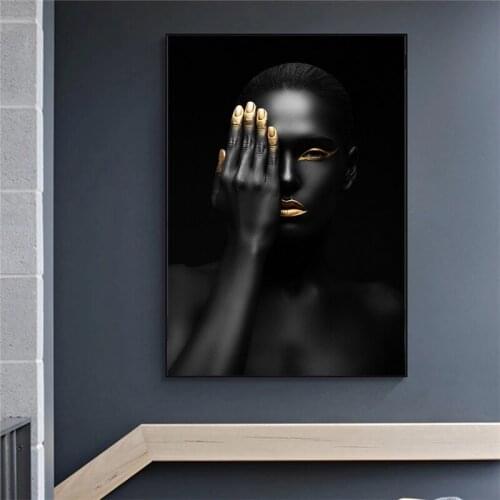 Gold and Black Modern Makeup Model African Woman Canvas Wall Art Paintings Fashion Girl Poster Prints for Living Room No Frame