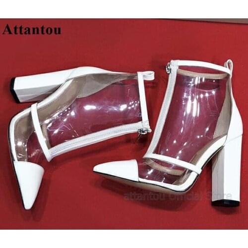 Hollow Out Sexy Transparent PVC Thin Heeled Ankle Boots Woman Pointed Toe Front Zipper Patchwork High Heel Party Shoes