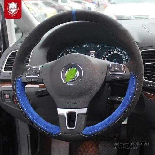 Black & Blue Real Alcantara steering wheel cover for VW CC Lamando Lavida Jetta Passat Touran suede hand-stitch accessories