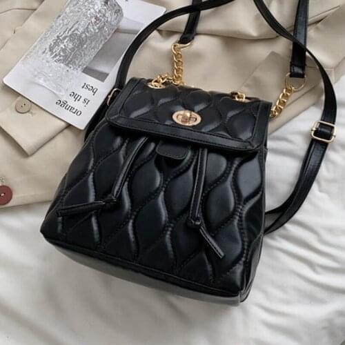 Black Chain Backpack Womens PU Leather School Bag with Thread Female Small Bagpack New Designer Lock Rucksack All Match Mochila