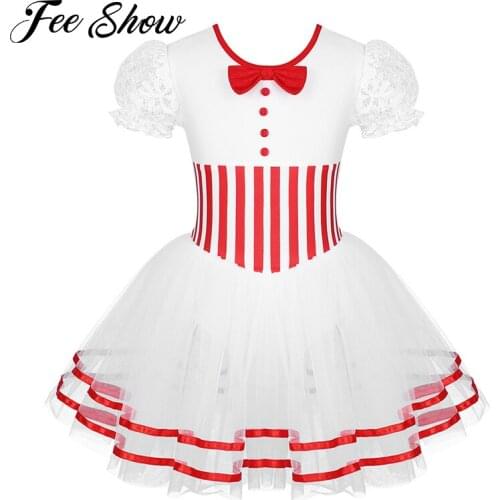 Kids Girls Christmas Dance Costume Short Lace Puff Sleeves Striped Waist Figure Skating Dress Baton Twirling Leotard Dress