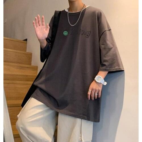 Mens short-sleeved T-shirt new loose five-point sleeves on the clothes student trend round neck printed