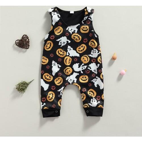 Pudcoco 0-24M Romper Baby Girls Boys Halloween Day Festival Costumes Sleeveless Cartoon Pumpkin Ghost Print Jumpsuit Leotard