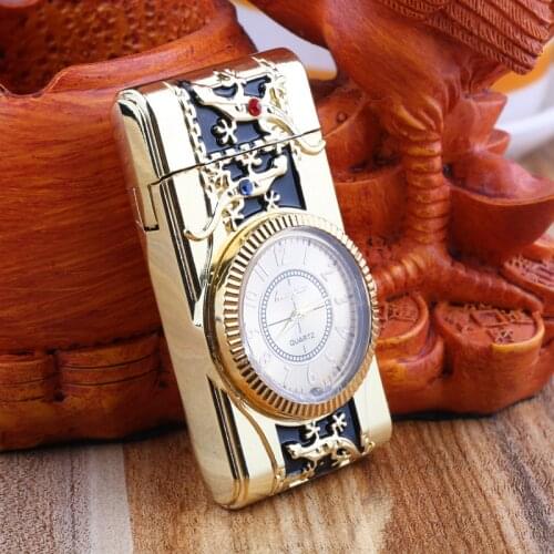 Gecko modeling Clock Watch Quartz Lighter Compact Butane Jet Torch Cigarette Cigar Straight Fire Lighter NO GAS Men Gift