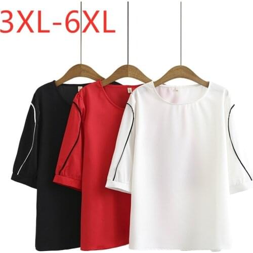 New 2021 Ladies Summer Plus Size Tops For Women Large Blouse Short Sleeve Loose White Chiffon Red O-neck Shirt 3XL 4XL 5XL 6XL