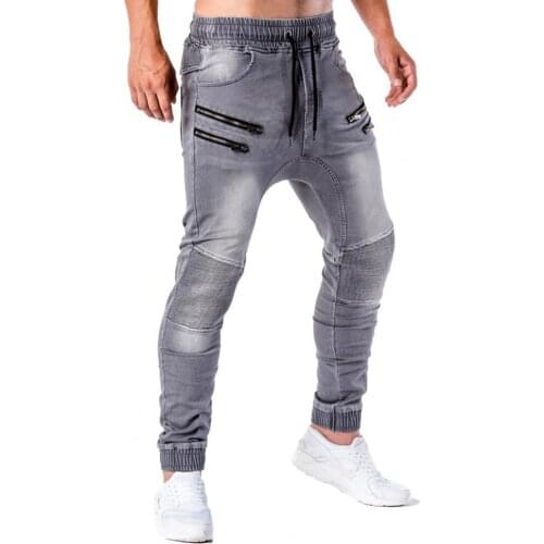 Casual Men Zipper Drawstring Pockets Running Skinny Pants Jeans Jogger Trousers Hot Sale Men Sports Gym Sweatpants Gym Trousers