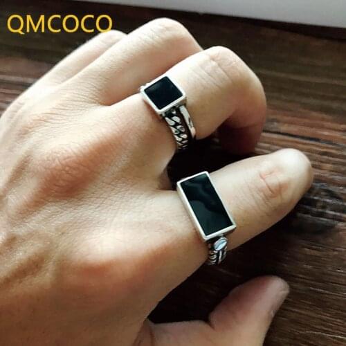 QMCOCO 925 Silver Open Adjustable Ring For Women Retro Rectangular,Square Black Stone Trend Handmade Hip-Hop Fashion Ring