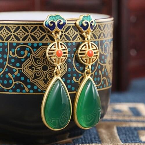 SA SILVERAGE Water Drop-shaped Women Natural Long Earrings National Wind S925 Pure Silver Earrings White Green Chinese Ancient