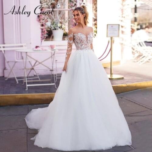 Ashley Carol A-Line Wedding Dress 2021 Glamorous Beaded Sweetheart Long Sleeve Bride Illusion Crystal Lace Princess Bridal Gowns