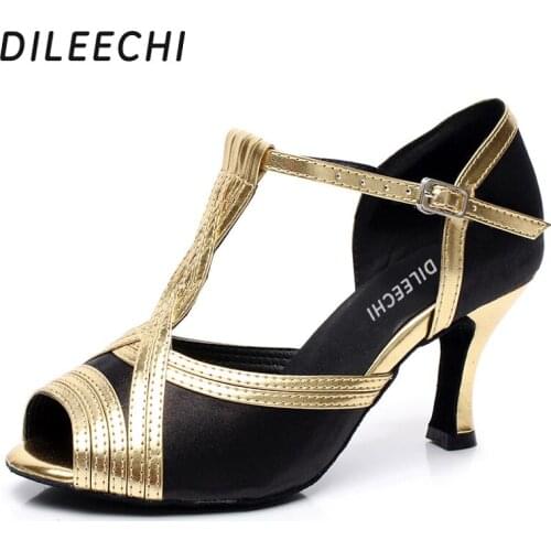 DILEECHI Black Satin Gold PU Latin dance shoes female Ballroom dancing shoes Party Square dance shoes