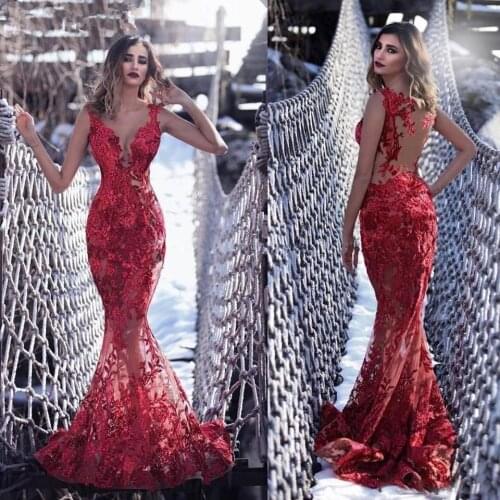 Burgundy Evening Dresses Mermaid V-neck Tulle Appliques Lace See Through Dubai Saudi Arabia Long Prom Dress Gown Robe De Soiree