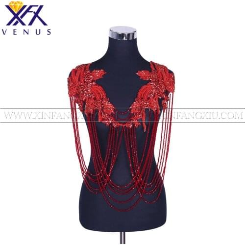 XFX VENUS 1 Piece Handmade Sewing Red Fringe Dress Patches Rhinestone Letters Bodice Patches Beads for Bridal Gown Women cloth