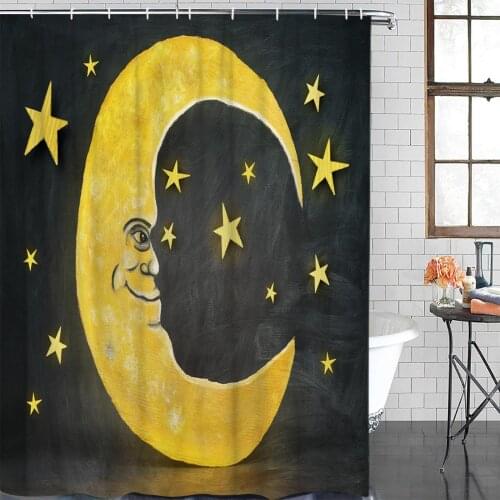 Yellow Night Moon Stars Shower Curtain Polyester Fabric Bathroom Home Decor Waterproof Shower Curtains with Hooks