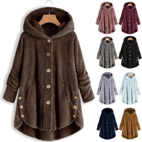 Women Winter Fluffy Buttons Coat Loose Hoodie Sweatshirt Cat Ears Hooded Tops Thicken Warm Pullover Fleece Jackets Tracksuit