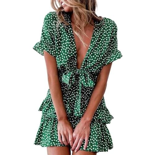 Boho Women Sexy Floral V Neck Ruffles Dress Ladies Vestidos Polka Dot Party Beach Bandage Mini Dress