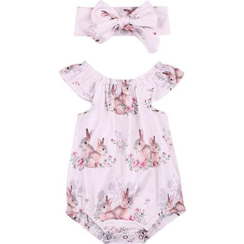 0-24M Infants Girls Easter Rabbit Rompers Headband Two Piece Set Baby Printed Romper Ruffled Collar Hair Band Newborn Clothes