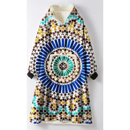Bohemian Hooded Blanket with Sleeves Warm Outdoor Hoodie Blanket Sweatshirt Winter Coat TV Blanket Sofa Hoody BathRobe Pullover