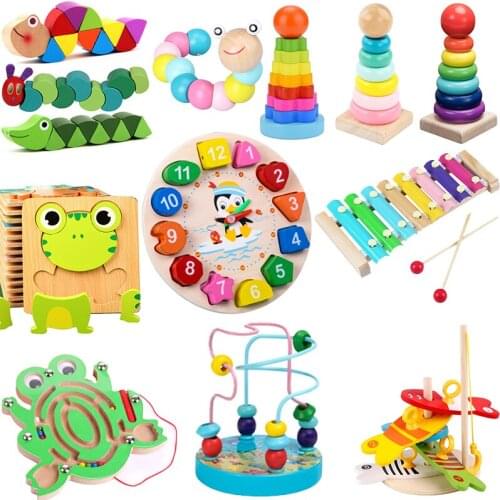 Baby High Quality Montessori Wooden 3D Toys Rainbow Music Rattles Wooden Puzzle Cartoon Animals Kid Early Educational Toy Gift