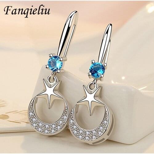 Fanqieliu High Quality Crystal Jewelry Vintage Moon Star Solid Sterling 925 Silver Drop Earring For Woman FQL21118