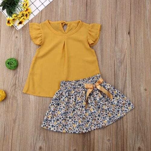 Toddler Baby Kid Girl Floral Ruffle Sleeveless T-Shirt Top+Tutu Knotbow Skirt Summer Girls Outfit Set