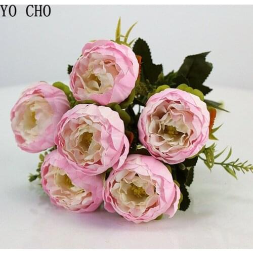 YO CHO 6 Heads Artificial Flower Peony Rose Silk Flower Wedding Bridal Bouquet Pink White Peonies Home Party Decor Fake Flowers