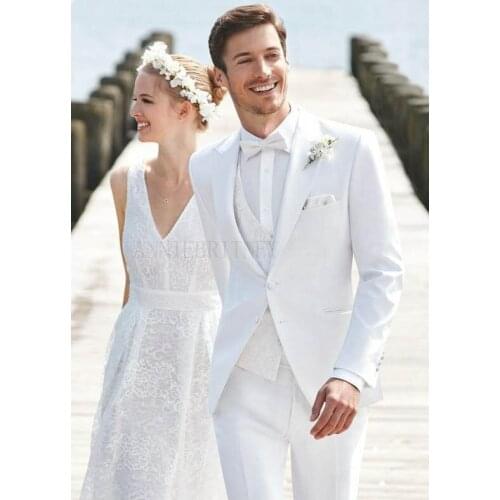 ANNIEBRITNEY White Wedding Suits 2019 for Men Custom Slim Groom Tuxedo Set Formal Evening Party Dresses Male Blazer Pants Vest