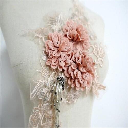 3D Pink Flower Beaded Tassels Lace Applique Fabric Lace Trim For Decorate Wedding Dress Veil Garment Accessories
