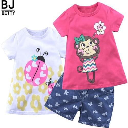 Summer Baby Girls Children Outfits Suit Clothing Pajamas Clothes Set Cotton Monkey Tops+Ladybug Cotton Tops+Cotton Pants BB445