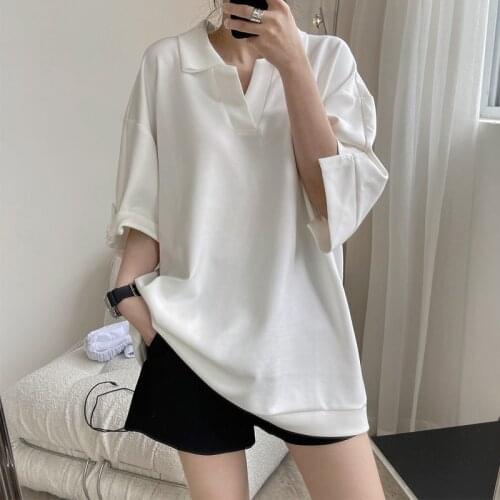 Summer womens casual solid color lapel loose T-shirt
