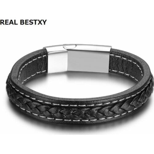 REAL BESTXY Hot Fashion Black Bangle Leather Bracelets & Bangles Stainless Steel Bracelet For Men Cuff Braided Rope Jewelry