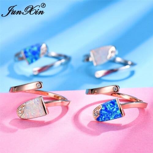 Cute Female Leaf Open Adjustable Ring Fashion Silver Color Rose Gold Wedding Rings For Women Boho Blue White Fire Opal Ring