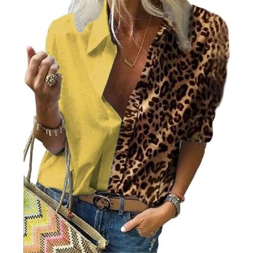Fashion Womens Casual Turn down Collar Button Shirts Long Sleeve Leopard Patchwork Blouse Tops Plus Size(S-5XL) Blusas Roupa#35