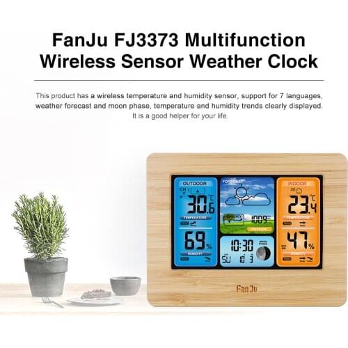 FanJu FJ3373 Wall Desk Alarm Clock Weather Station Digital Thermometer Hygrometer Wireless Sensor Forecast Temperature Watch