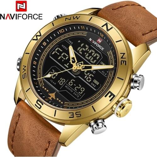 NAVIFORCE Luxury Brand Gold Mens Watches Military Sport Genuine Leather Quartz Wristwatch Digital Analog Clock Waterproof Watch