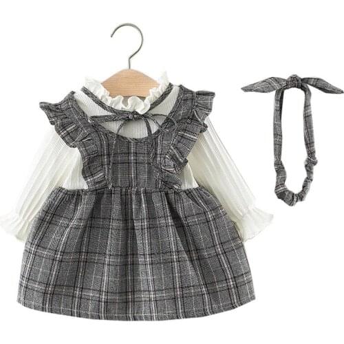 New Girl Plaid Dress Bow Headbands+Pink and Yellow Newborn Princess Dress Cute Cotton Infant Clothes Luxury Baby Clothing