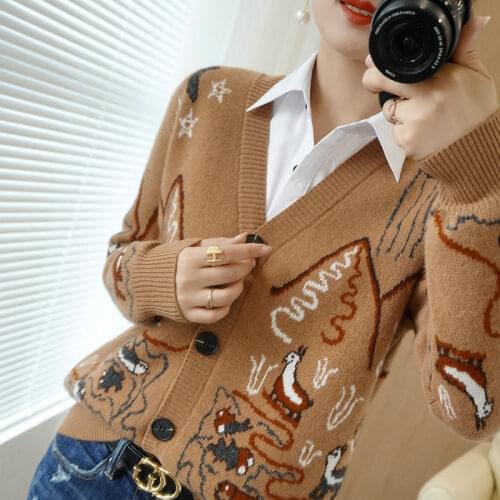 Autumn and winter landscape painting embroidery knitted wool cardigan women pure wool loose cashmere sweater sweater V-neck