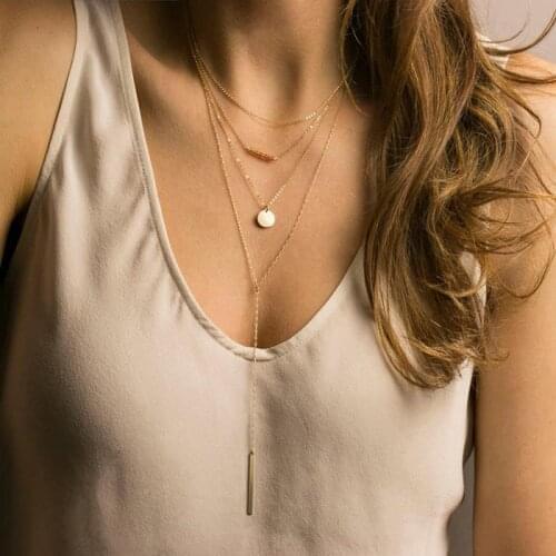 Visunion 316L Stainless Steel Necklace Delicate Multilayer Round Circle Rectangle Crystal Beads String Pendant Necklace Jewelry